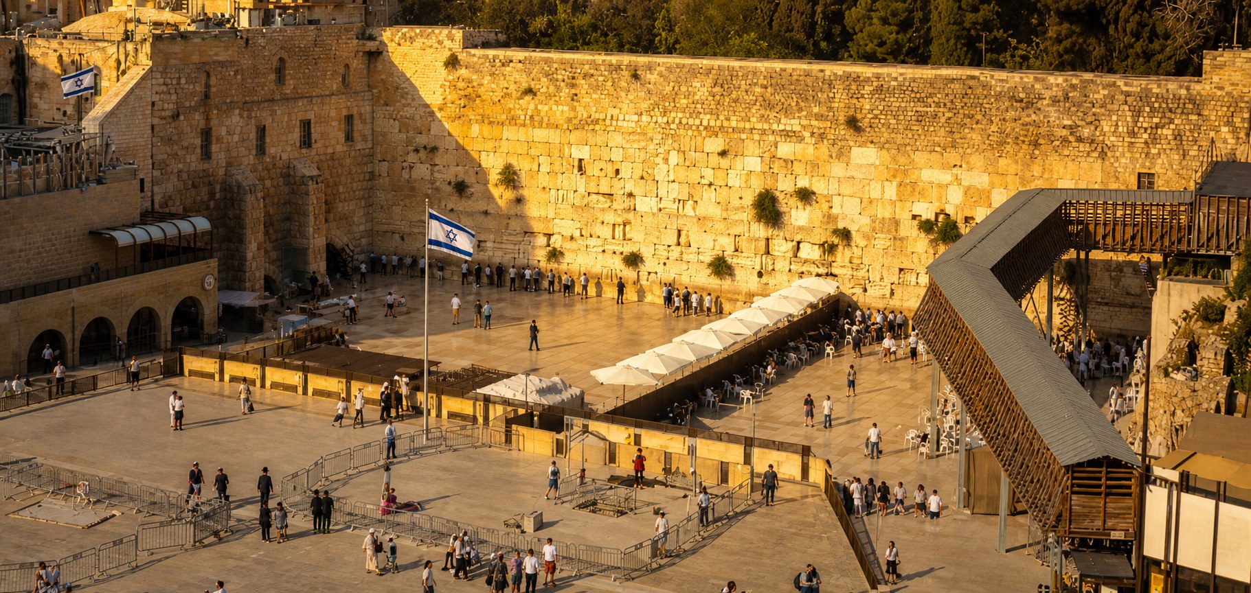 Western Wall, Jerusalem skyline, Israeli flag, and Dome of the Rock